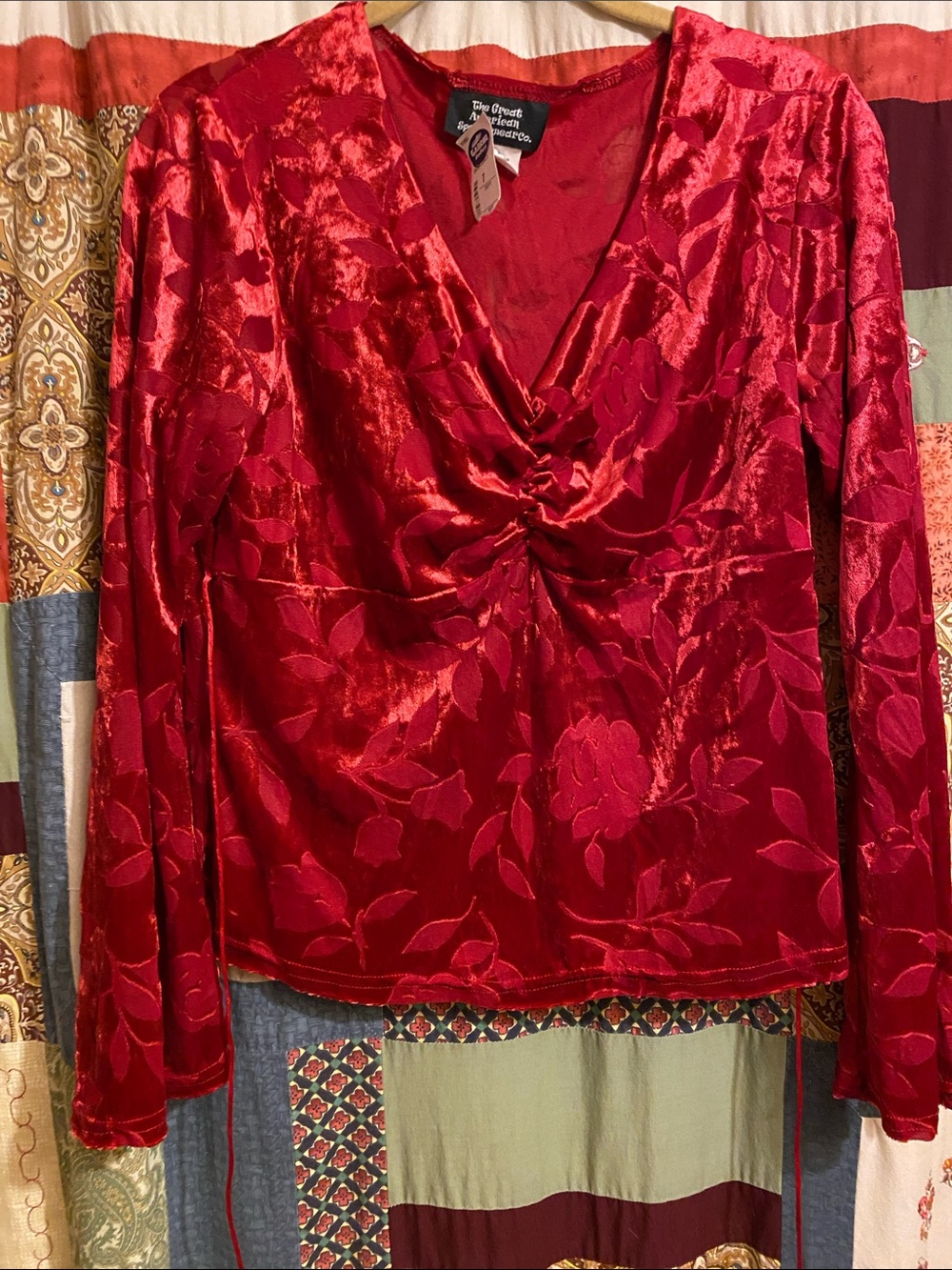 Red Velvet Twist-Front V-Neck Blouse